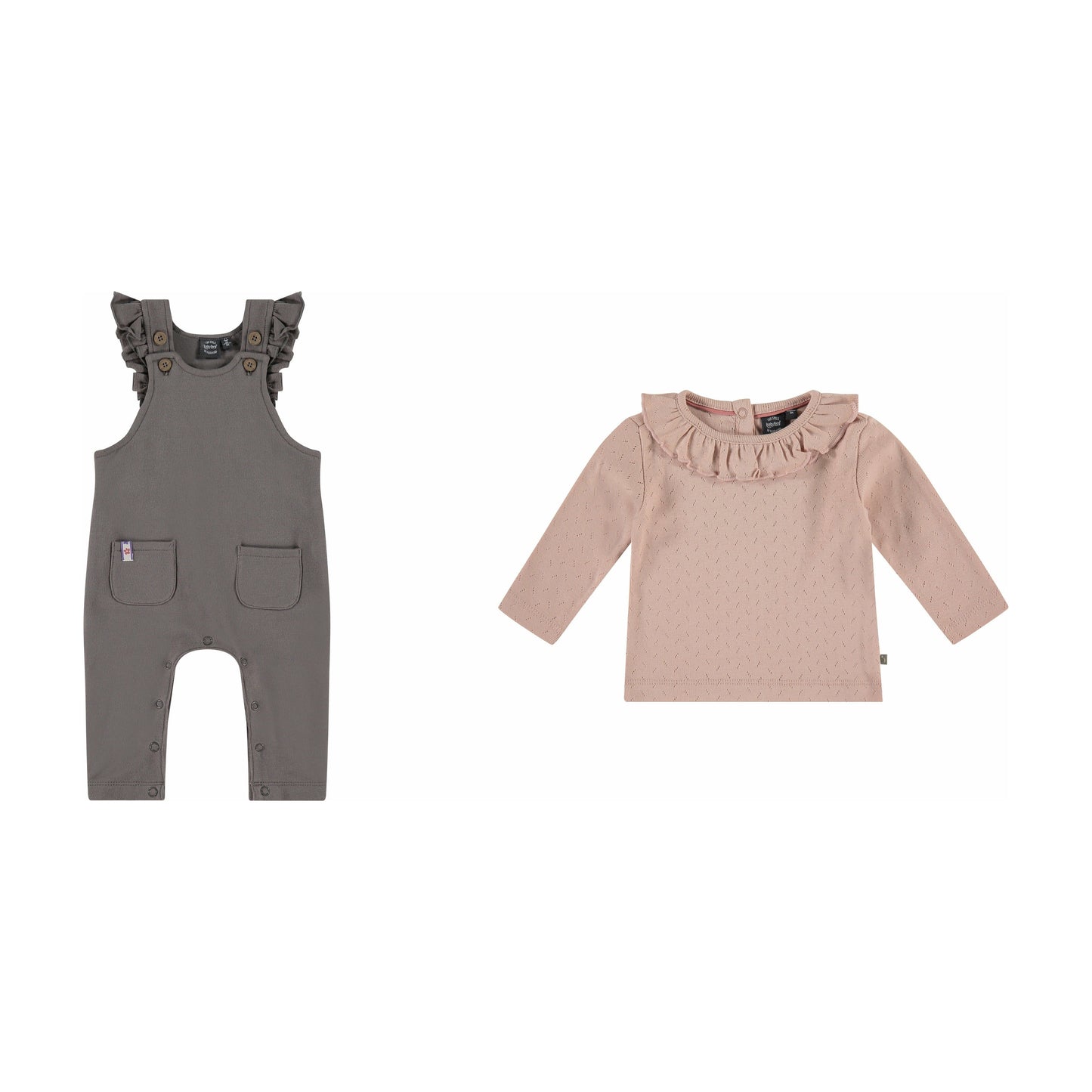 Girls Soft Grey Overall and Pink Long Sleeve Ruffle Tee