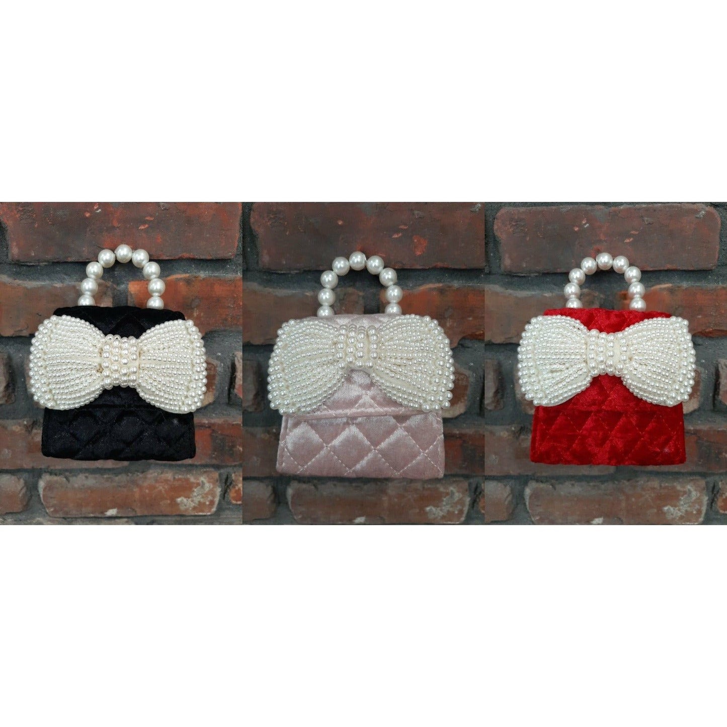 Quilted Velvet Purse w/Pearl Bow Asst Colors