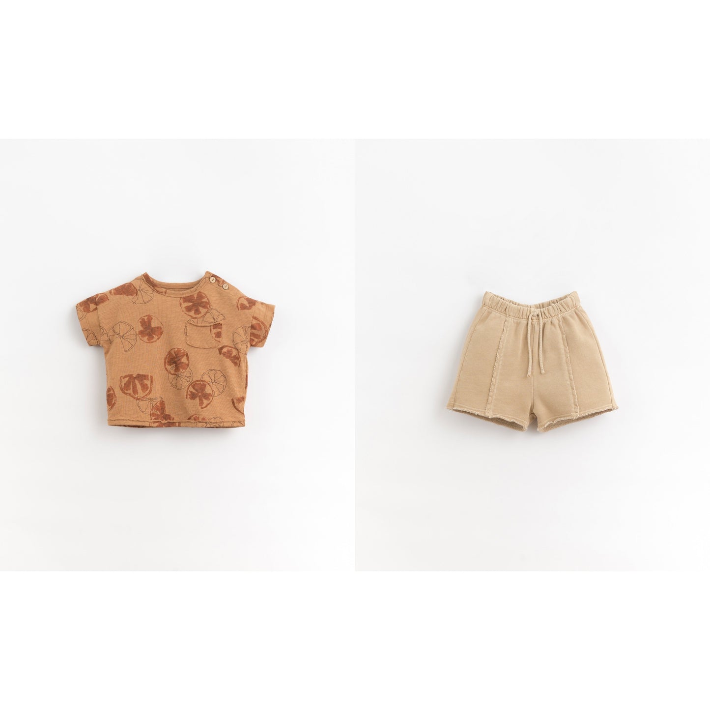 Brown SS tee with citrus print and khaki jersey short