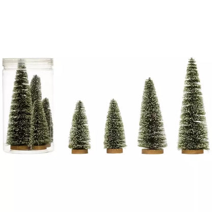 Bottle Brush Trees with Wood Bases, Green, Boxed Set of 4, 2 Finishes